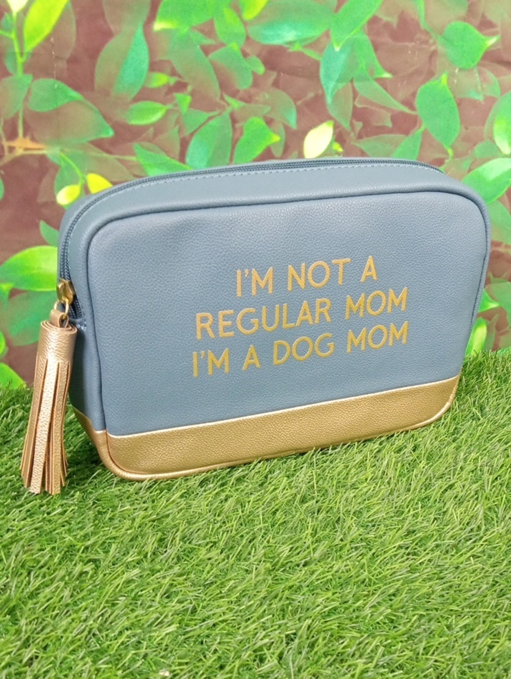 🛍️ Blue & Gold 'Dog Mom' Cosmetic Pouch